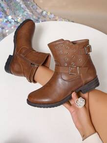 女士休闲侧拉链带铆钉粗跟圆头切尔西靴，舒适百搭通勤秋冬时尚 - 棕色 - 查看 3
