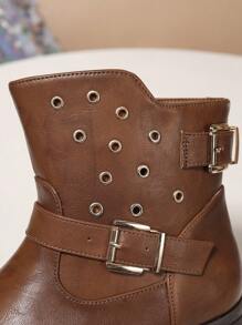 女士休闲侧拉链带铆钉粗跟圆头切尔西靴，舒适百搭通勤秋冬时尚 - 棕色 - 查看 7