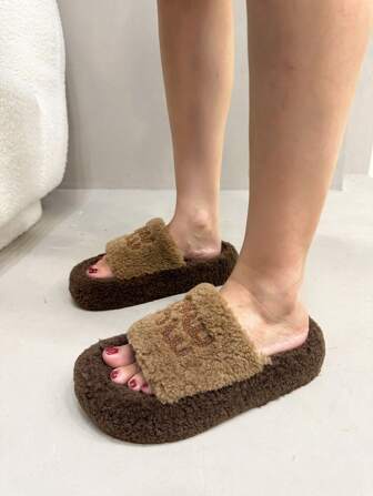 2025 Women's New Thick Sole Fluffy Slippers For Outdoor Wear, Autumn/Winter, Platform Slip-On Slippers For Petite Women, 4CM Elevator Indoor/Office Slippers