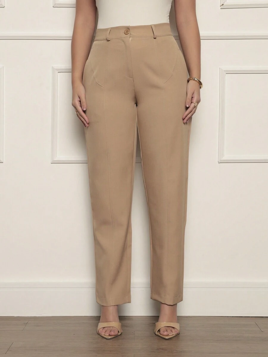 Women's Straight Trousers In Twill Fabric - Elegant Detail Near The Pocket - 深米色 - 查看 1