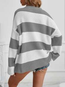 Women Casual Contrast Striped Pattern Drop Shoulder Loose Sweater - Grey - View 5