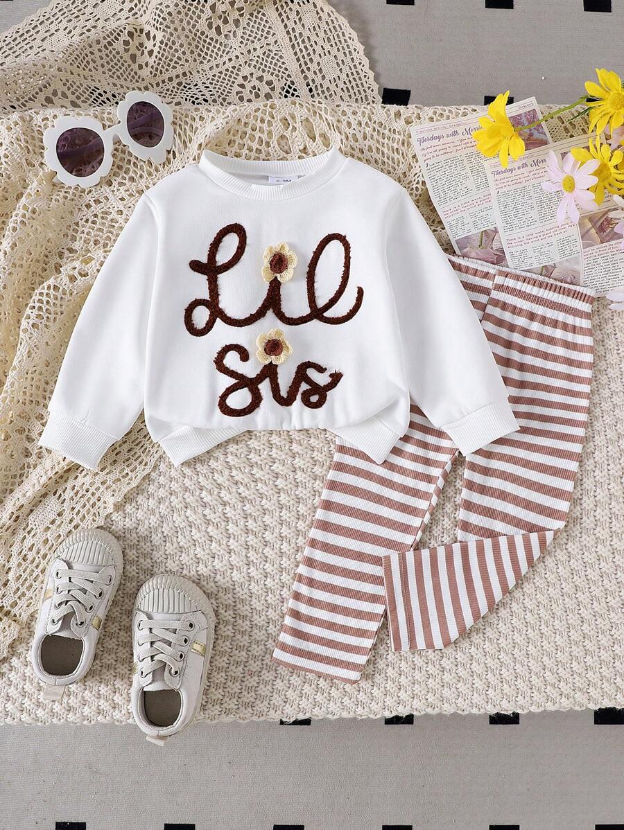 2 件套女婴可爱花卉印花长袖运动衫 + 条纹裤套装，秋冬 - 白色 - 查看 1