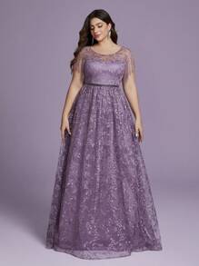 Anpoket（无定位花）大码女式圆领刺绣雪丝透视拼接珠流苏天鹅绒腰带大摆伴娘礼服 - 淺灰紫 - 查看 4