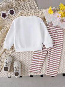 2 件套女婴可爱花卉印花长袖运动衫 + 条纹裤套装，秋冬 - 白色 - 查看 2