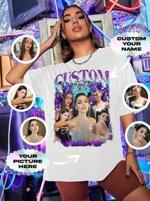 Customized Girlfriend T-Shirt For Christmas, Thanksgiving, Featuring Your Girlfriend's Photo, Personalized Vintage Shirt With Your Own Pictures And Text Ornamental,Dawg Stylish,Fashion,Hipster,Contracted,Easy Costume,Minimal Chic,Casual Unique,Custom Treasurefinds,Belle Costume Ideal Gifts For Her Family,Friends,Children,Pink Girls For Mother's Day,For Children's Day,For Vacation - White - View 2