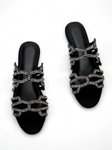 Dép lê nữ thanh lịch, đính đá toàn bộ, kiểu dáng khoét rỗng, mũi tròn, chất liệu da lộn, thoải mái khi mang hàng ngày và dự tiệc, lễ tình nhân, phù hợp với trang phục mùa hè. - màu đen - Xem 3