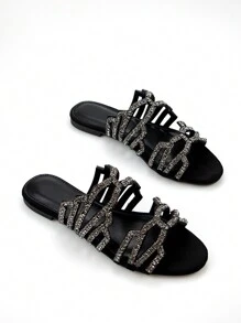 Dép lê nữ thanh lịch, đính đá toàn bộ, kiểu dáng khoét rỗng, mũi tròn, chất liệu da lộn, thoải mái khi mang hàng ngày và dự tiệc, lễ tình nhân, phù hợp với trang phục mùa hè. - màu đen - Xem 2