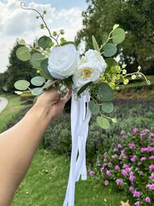 1PC Outdoor Wedding And Wedding Car Rearview Mirror Decoration Flower, Chair Back Flower Decoration, Simulation Flower Wedding Car Decoration, Wedding Car With Suction Cup Flower Accessories, Mori Style Simulation Flower Wedding Photography Banquet Party Hotel Chair Back Flower Accessories Halloween Valentine's Day Valentines