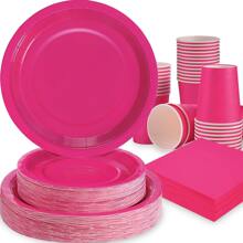 80 件/套热粉色派对用品，包括 20 件 7 英寸/20 件 9 英寸一次性盘子、20 张餐巾、20 个杯子、派对装饰品，适合多人生日派对、派对装饰