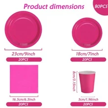 80 件/套热粉色派对用品，包括 20 件 7 英寸/20 件 9 英寸一次性盘子、20 张餐巾、20 个杯子、派对装饰品，适合多人生日派对、派对装饰