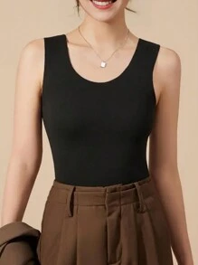 3pcs Women's Warm Rib-Knit Reversible Thermal Lined Tank Top, Solid Color