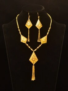 2 件/套珠宝套装，金色菱形几何花卉复古优雅镂空项链和耳环，奢华风格，适合日常、派对和时尚搭配。 - 金黃色 - 查看 2