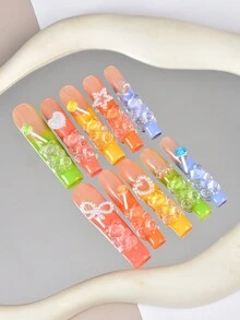 10 件 Y2K 超长 3D DIY 手工按压指甲法式美甲指甲满水钻闪光装饰假指甲方形长指甲，1 个指甲锉和 1 个指甲胶，适合女孩和女士节日派对和日常穿着和生日礼物美甲沙龙美甲用品指甲 - 彩色 - 查看 4