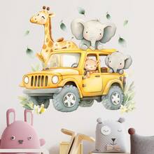 1PC Động vật du lịch trên ô tô dán tường Miếng dán tường động vật hoang dã đi bộ đường dài Khám phá động vật lột và dán Hươu cao cổ và voi Miếng dán tường phiêu lưu động vật cho trang trí phòng gia đình - Nhiều màu - Xem 3
