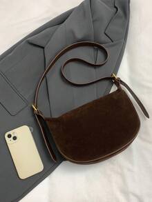 秋冬季女士纯色绒面斜挎包，复古时尚手提包，配有可调节肩带和拉链开合，适合日常外出、约会、通勤、度假、户外、送礼 - 咖啡棕 - 查看 6