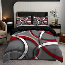 Bộ chăn ga gối 3 mảnh họa tiết hình học trừu tượng hiện đại, màu xám đen đỏ họa tiết xoáy, mềm mại, thoải mái, thoáng khí, dùng để trang trí phòng ngủ cho khách (1*vỏ chăn + 2*vỏ gối, không có lõi) - Nhiều màu - Xem 3