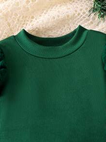 3 件套女婴绿色泡泡袖上衣、双蝴蝶结格子裙和帽子，休闲日常穿着和表演装 - 綠色 - 查看 6