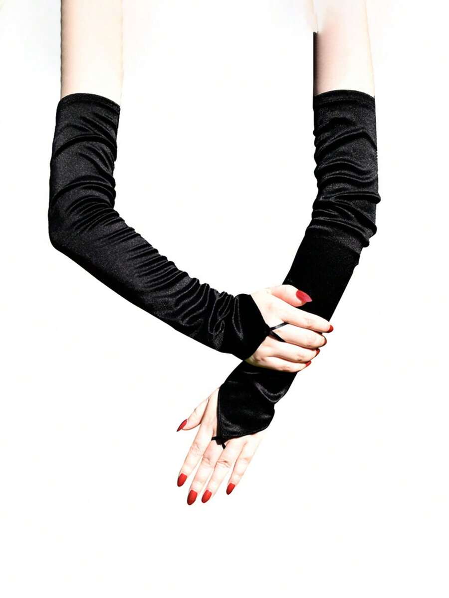 20 世纪 20 年代复古风格长款歌剧手套，带指环，缎面设计，弹性肘长派对手套，适合女士，适合主题派对、婚礼、万圣节服装，黑色 - 彩色 - 查看 1