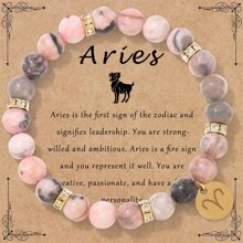 1 pieza Nuevo brazalete de cuentas de jaspe rosa con estampado de cebra de 8mm, Pulsera elástica con 12 signos del zodíaco, Juego de pulseras para pareja, Regalo de cumpleaños de joyería