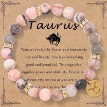 1 pieza Nuevo brazalete de cuentas de jaspe rosa con estampado de cebra de 8mm, Pulsera elástica con 12 signos del zodíaco, Juego de pulseras para pareja, Regalo de cumpleaños de joyería