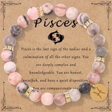 1 pieza Nuevo brazalete de cuentas de jaspe rosa con estampado de cebra de 8mm, Pulsera elástica con 12 signos del zodíaco, Juego de pulseras para pareja, Regalo de cumpleaños de joyería
