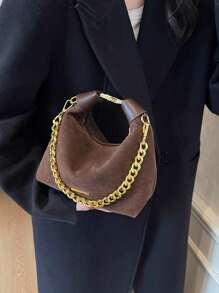 Casual Retro Suede Feel Underarm Bag With Chain Strap, Lightweight And Convenient For Commuting, Autumn, Newest Fashionable Suede Bag For Women - Coffee Brown - View 5
