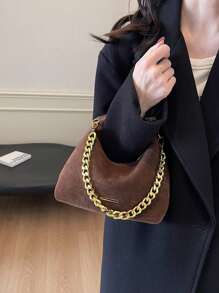 Casual Retro Suede Feel Underarm Bag With Chain Strap, Lightweight And Convenient For Commuting, Autumn, Newest Fashionable Suede Bag For Women - Coffee Brown - View 6