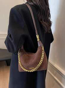 Casual Retro Suede Feel Underarm Bag With Chain Strap, Lightweight And Convenient For Commuting, Autumn, Newest Fashionable Suede Bag For Women - Coffee Brown - View 4
