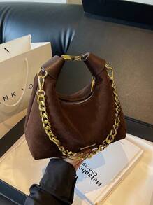 Casual Retro Suede Feel Underarm Bag With Chain Strap, Lightweight And Convenient For Commuting, Autumn, Newest Fashionable Suede Bag For Women - Coffee Brown - View 3
