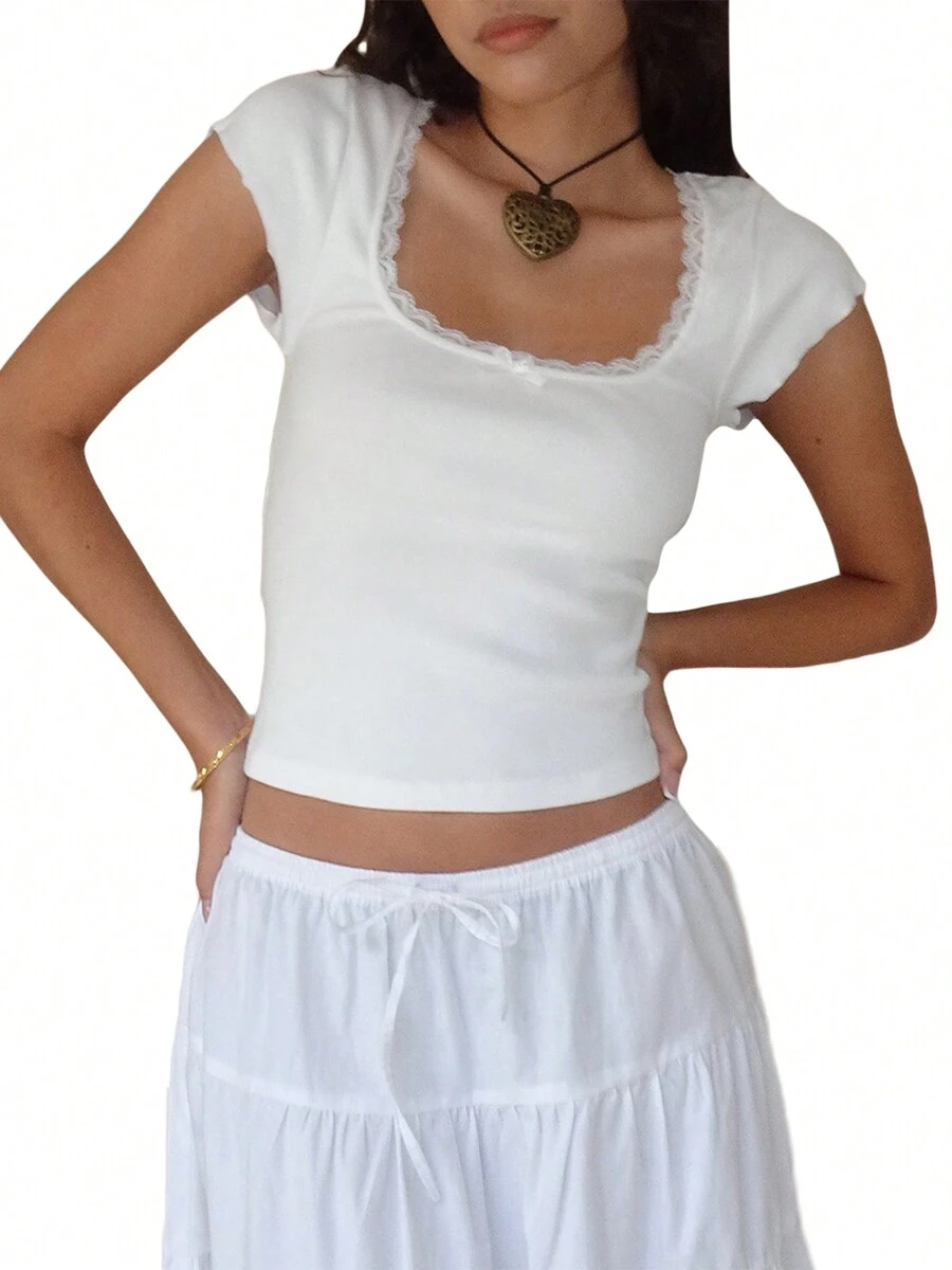 Women Fairy Grunge Y2k Shirts Square Neck Short Sleeve Lace Patchwork Tops Aesthetic Clothes Summer Outfits - 白色 - 查看 1