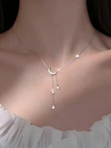 1 chiếc vòng cổ tua rua hình sao và mặt trăng bằng bạc Sterling 925, phong cách Mori thanh lịch và tươi mới, vòng cổ mặt trăng thiết kế độc đáo tối giản, món quà đáng yêu - ngôi sao và mặt trăng - Xem 6
