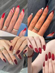 98pcs/Box(4mixed )Y2K Long Almond Glossy Aesthetic Blood-Red Crystal Cat Eye French Tip Press On Nails Almond Nail Heart Pattern Design Perfect Fit Acrylic False Nails Set, Includes 1pc Jelly Glue And 1pc Nail File,Red Nails For Woman & Girl Daily Wear Rave Party Use