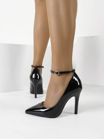 Women Black Stiletto High Heels With Ankle Strap, Mirror Finish Patent Leather Pointed Toe Formal Party Sexy Pumps