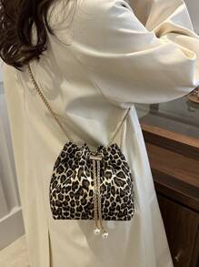 Fashionable Color Block Leopard Chain Strap Mini Bucket Crossbody Bag, New Fall Winter Cheetah Print Purse For Women - Multicolor - View 5