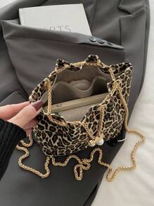 Fashionable Color Block Leopard Chain Strap Mini Bucket Crossbody Bag, New Fall Winter Cheetah Print Purse For Women - Multicolor - View 3