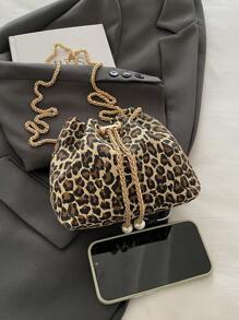 Fashionable Color Block Leopard Chain Strap Mini Bucket Crossbody Bag, New Fall Winter Cheetah Print Purse For Women - Multicolor - View 6