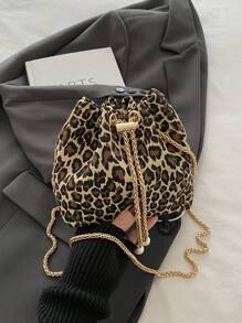 Fashionable Color Block Leopard Chain Strap Mini Bucket Crossbody Bag, New Fall Winter Cheetah Print Purse For Women - Multicolor - View 7