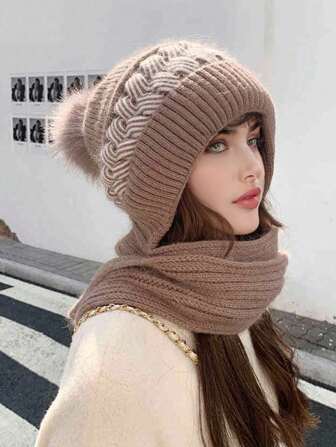 1 件女士针织帽围巾套装，时尚、百搭、保暖防风，适合秋冬季户外、滑雪、购物冬季配饰冬季服装