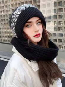 女士针织帽围巾套装，时尚百搭，保暖防风，适合秋冬季户外活动、滑雪、购物等场合，冬季配饰，冬季穿搭，情人节礼物