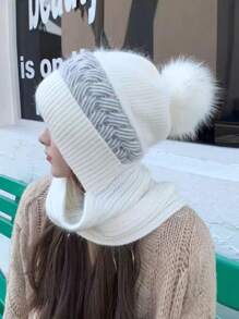 女士针织帽围巾套装，时尚百搭，保暖防风，适合秋冬季户外活动、滑雪、购物等场合，冬季配饰，冬季穿搭，情人节礼物