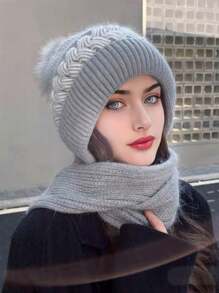 女士针织帽围巾套装，时尚百搭，保暖防风，适合秋冬季户外活动、滑雪、购物等场合，冬季配饰，冬季穿搭，情人节礼物