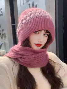 女士针织帽围巾套装，时尚百搭，保暖防风，适合秋冬季户外活动、滑雪、购物等场合，冬季配饰，冬季穿搭，情人节礼物