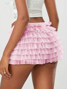 Women's Summer Ruffled Frilly Shorts, Multi-Layer Mesh Short Pants Sweet Cute Bloomers - Pink - View 2