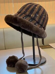 1 件双色格子和几何图案休闲可爱优雅复古波西米亚风格涤纶保暖耳罩防风抽绳渔夫帽，秋冬 - 彩色 - 查看 4