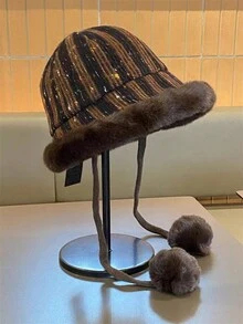 1 件双色格子和几何图案休闲可爱优雅复古波西米亚风格涤纶保暖耳罩防风抽绳渔夫帽，秋冬 - 彩色 - 查看 3