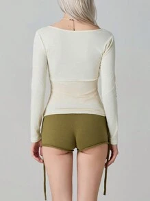Women Solid Color Classic Tops, Long Sleeve Square Lace Neck Buttoned Ribbed Tops for Spring, Women Clothing - Blanco - Ver 9