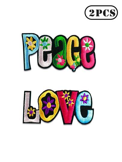 2pcs Love, Peace Letter Graphic Fabric Patches, Cartoon Style Embroidered Sew-On Applique, DIY Craft, Suitable For Clothes, Shoes, Bags, Etc.
