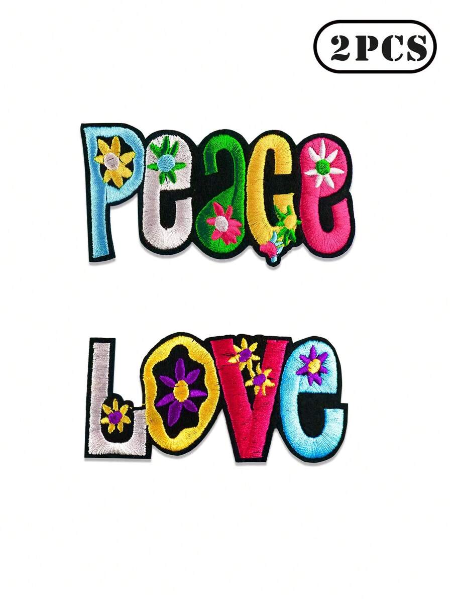 2 件爱、和平字母图形织物补丁，卡通风格刺绣缝制贴花，DIY 工艺品，适用于衣服、鞋子、包包等。 - 彩色 - 查看 1