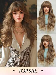 TOPSHE 摩卡棕色 26 英寸蝴蝶发型水波合成假发法式复古风格女士自然日常派对假发全假发日常派对使用万圣节圣诞礼物 - 摩卡棕 - 查看 2