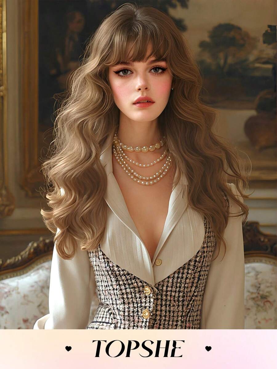 TOPSHE 摩卡棕色 26 英寸蝴蝶发型水波合成假发法式复古风格女士自然日常派对假发全假发日常派对使用万圣节圣诞礼物 - 摩卡棕 - 查看 1